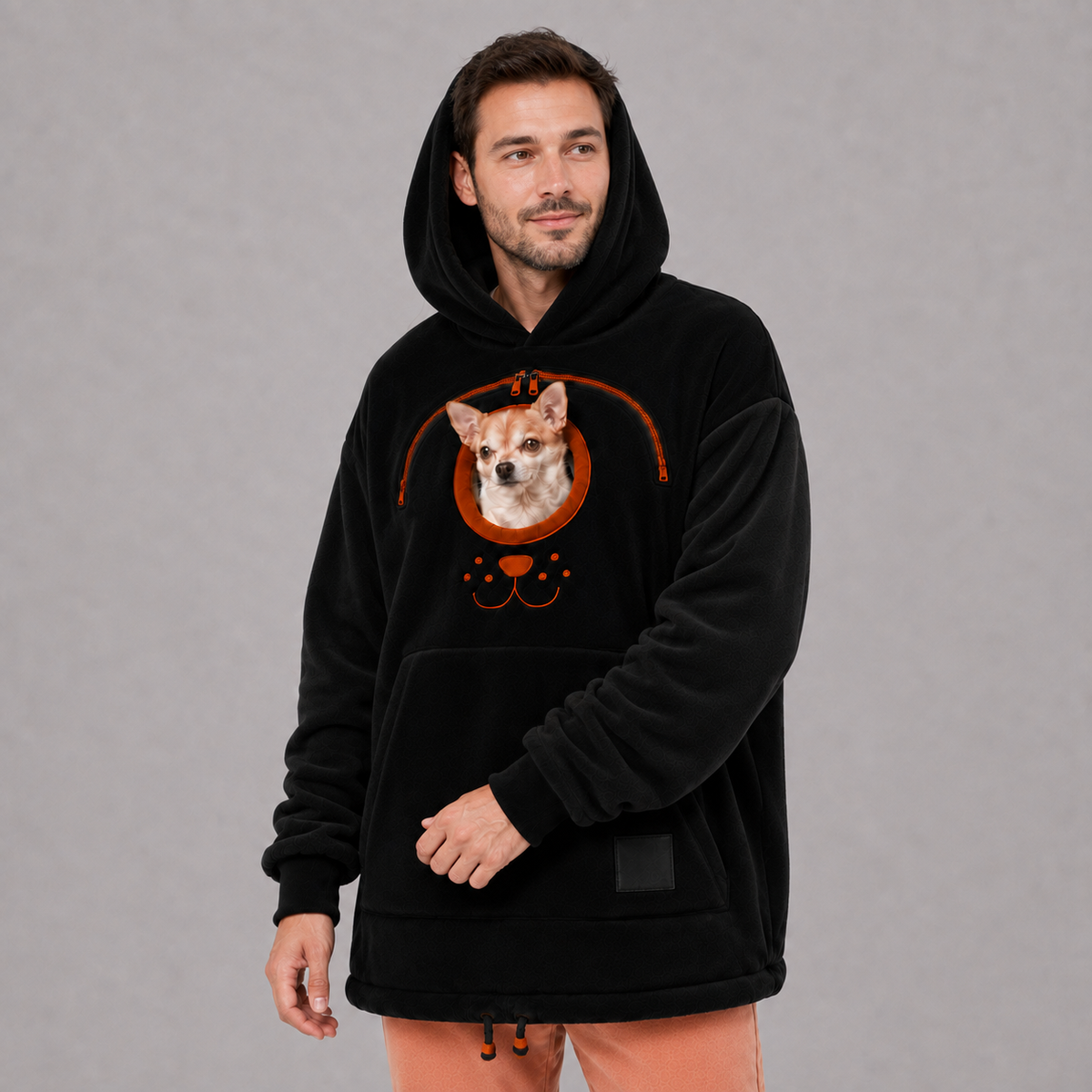 Black Pet Carrier Hoodie, second model