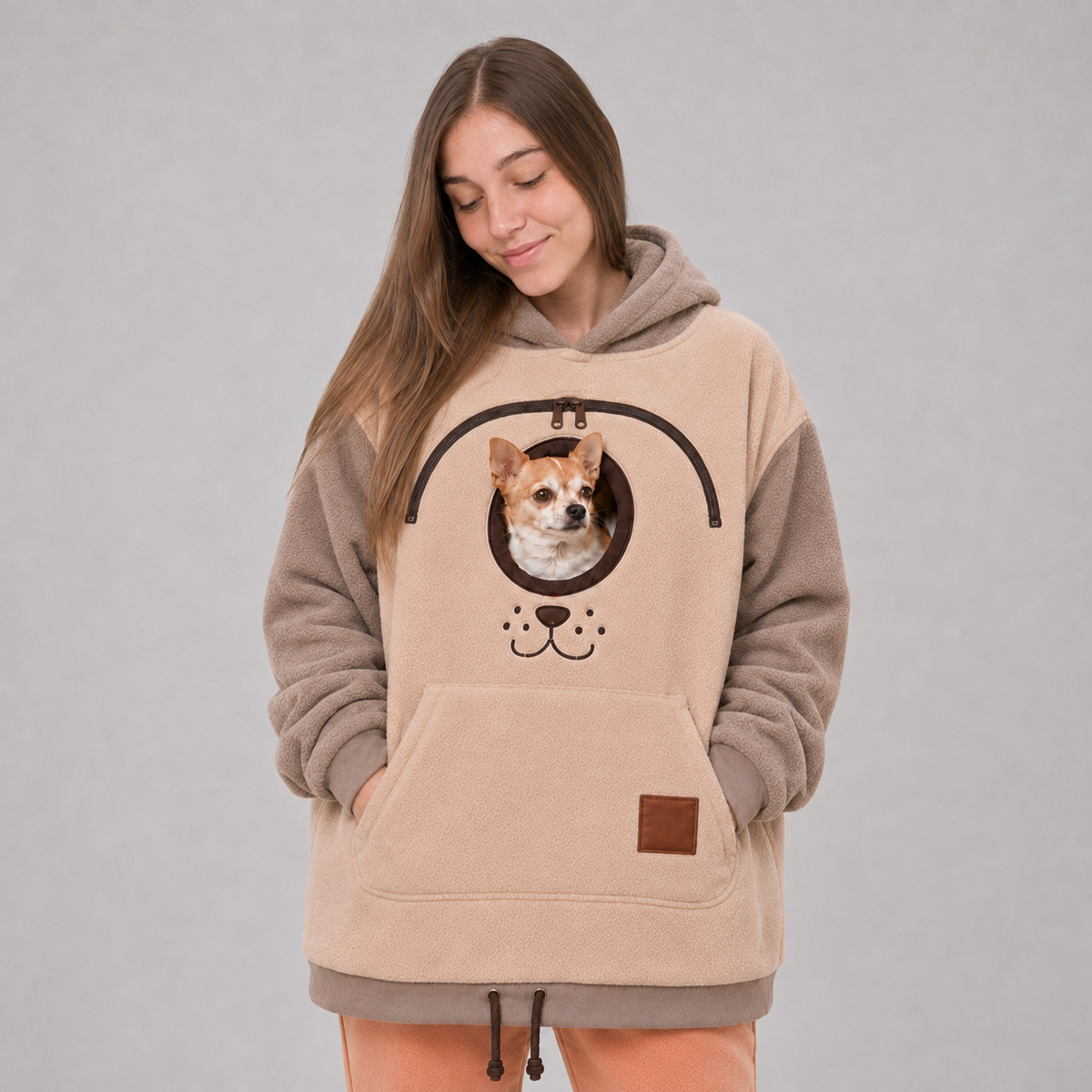 Cream Pet Carrier Hoodie with a small dog in the front pouch