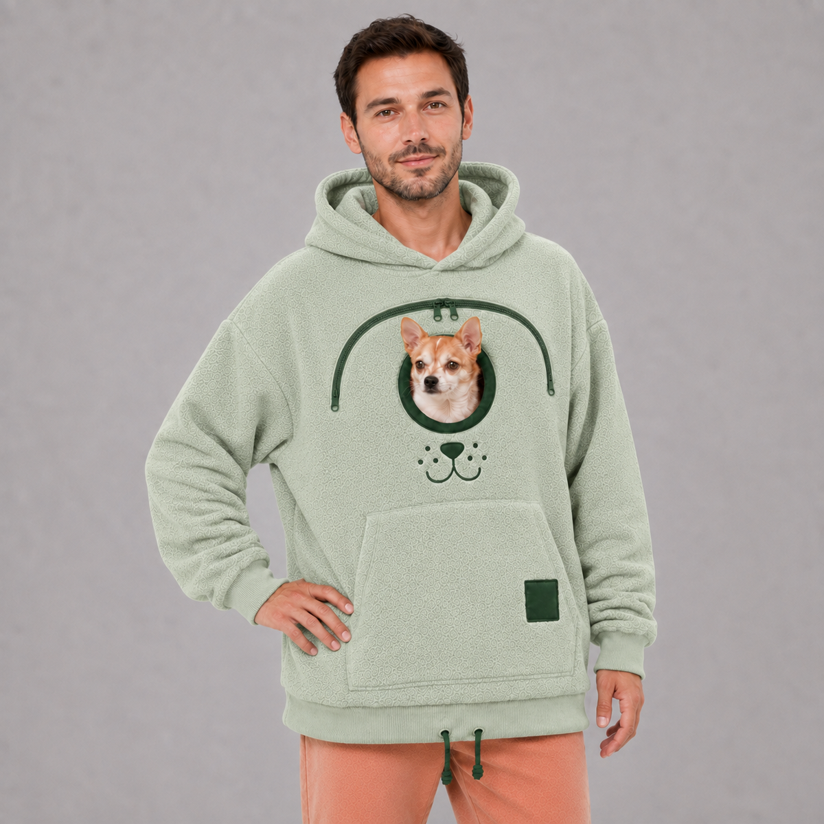 Green Pet Carrier Hoodie, second model