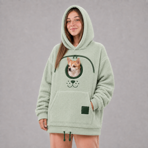 Green Pet Carrier Hoodie with a small dog in the front pouch